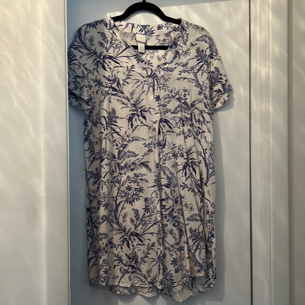 Blue & White Floral Patterned Shirt Dress